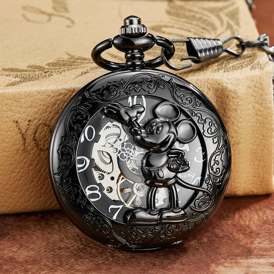 

Black Mouse Mechanical Pocket Watch with Chain Engraved Hollow Case Animal Hand Winding Clock Men Bronze Gold Sliver Fob Watches