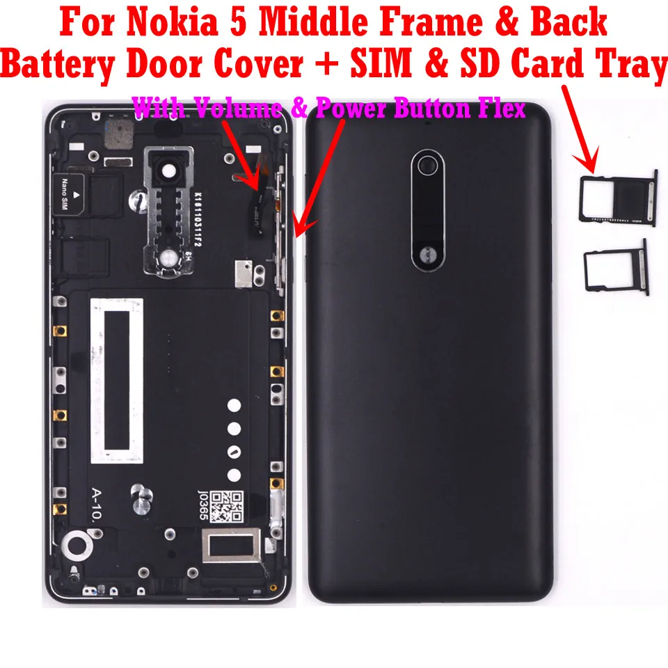 Для Nokia 5 одиночный Корпус для мобильного телефона ЖК средняя рамка задняя крышка батарейного отсека лоток для sim-карты кнопка включения громкости