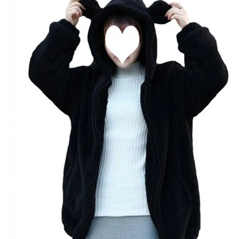 Female Fur version of the little bear bunny with ears and tail cartoon plush jacket hooded sweater women Faux Fur Outerwear J699