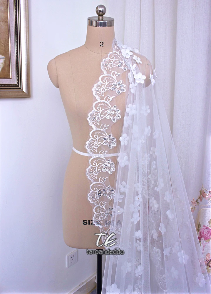 Кружевная 3d-аппликация с цветами и серебряным бисером Длинная свадебная вуаль