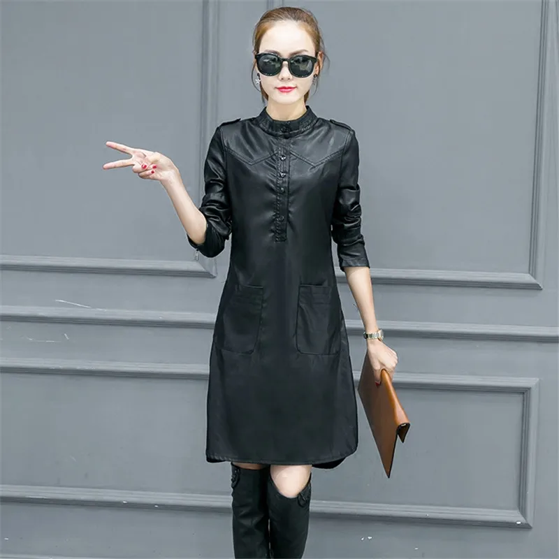 black plus velvet Осеннее женское платье из искусственной кожи, бархатное платье-рубашка размера плюс 5XL, вечерние платья, сексуальные кожаные платья для вечеринок C2779 - Цвет: black plus velvet