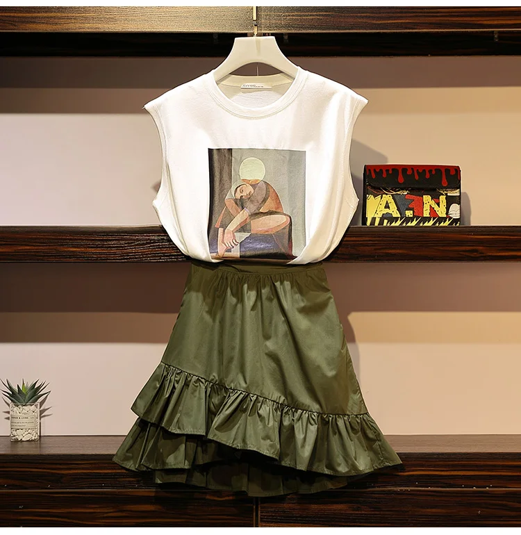 Trytree Summer Women Two piece set Casual O-Neck Sleeveless Top+ Skirt Mini Elastic Waist Zipper Ruffles Hem Suit 2 Piece Set