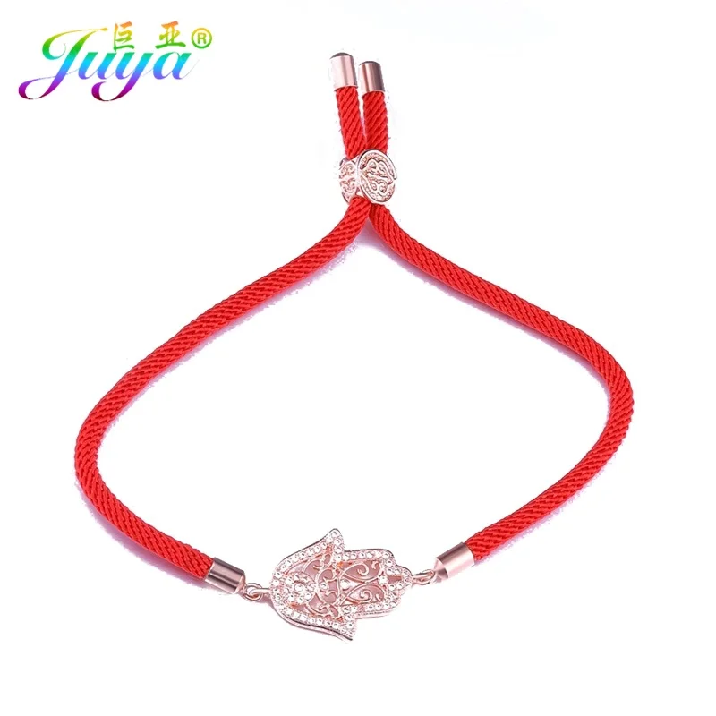 rose red rope Juya Хамса Браслеты микро проложить Циркон регулируемые веревки цепи браслеты «Фатима» подходят для женщин мужчин турецкий подарок ювелирные изделия - Окраска металла: rose red rope