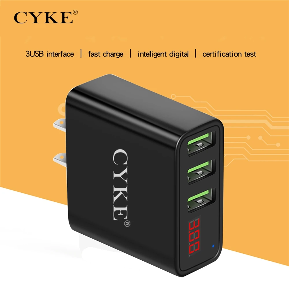 

CYKE 5V 3A 3Port USB Fast Charging Wall Charger US Plug Power LED display Adapter For iPhone Samsung Mobile Phone For Canada USA