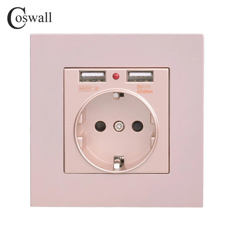 Coswall, двойной usb порт для зарядки, 5 В, 2.1A, светодиодный индикатор, 16A, настенная розетка европейского стандарта, ПК Панель, серый, черный, белый, золотой