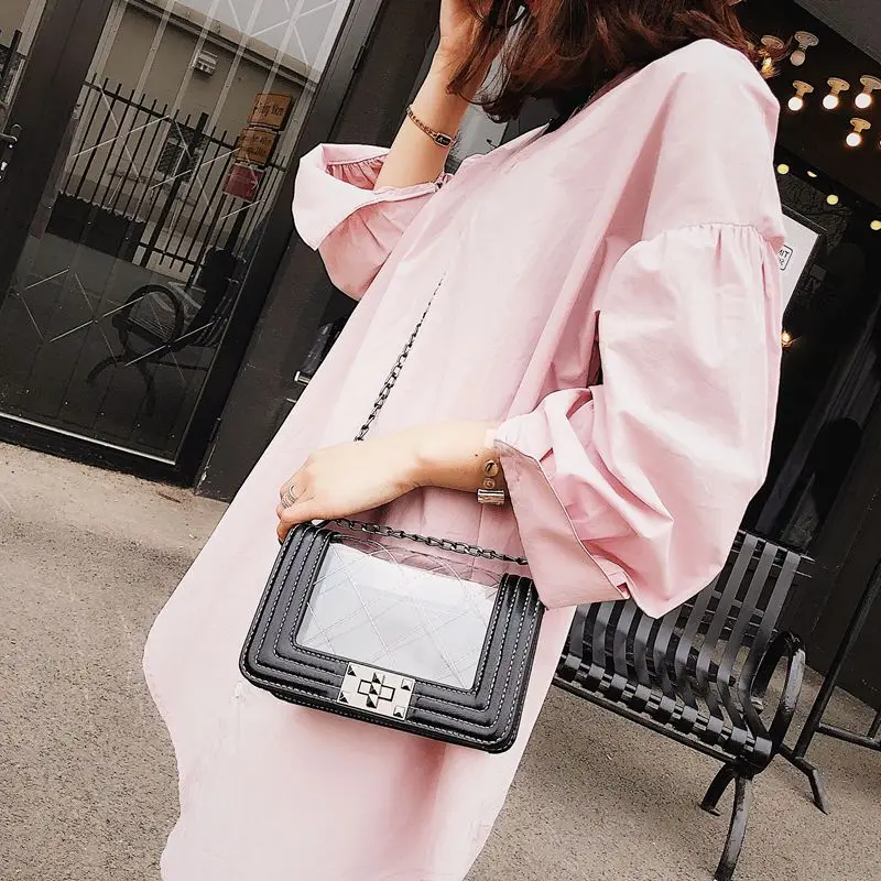 

BARHEE Small Flap Famous Brand Design Transparent PVC PU Leather Patchwork Handbag and Wallet Chains Shoulder Bag Candy Color