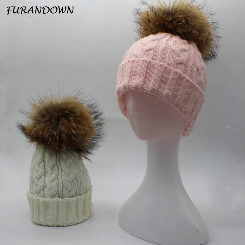 

FURANDOWN 2019 Winter Women Hats Wool Knitted Beanie Caps 18cm Big Pompom Hat For Women