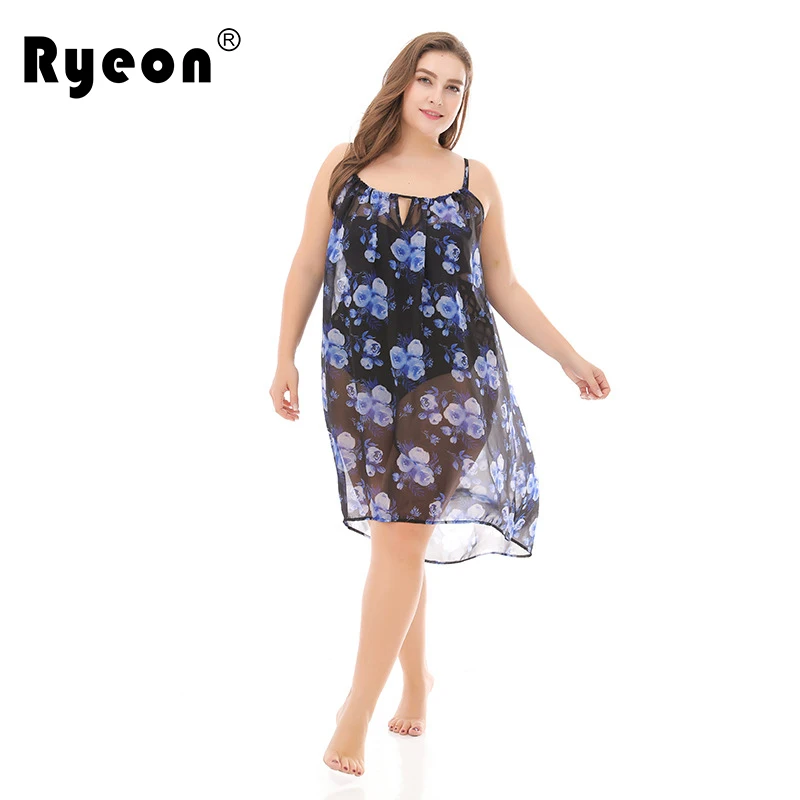 Ryeon Plus Size Sundress Summer Beach Bikini Cover Chiffon Floral Print Sexy Spaghetti Strap Elegant Party Women Dress 3xl Женская