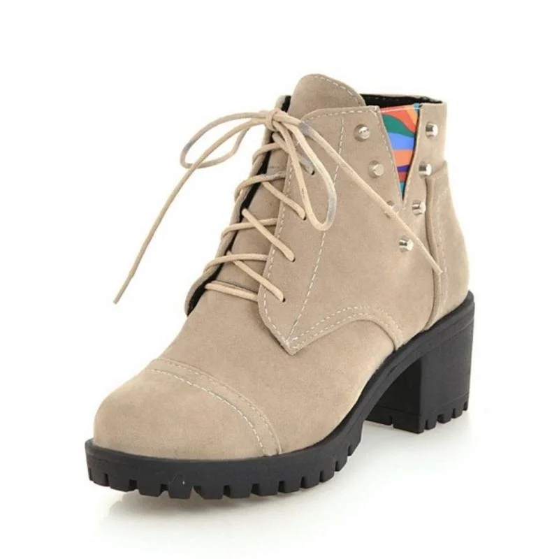 Бежевый Cuculus плюс Size34-43 женские ботинки на высоком каблуке с заклепками смешанных Цвет Ботильоны Туфли на шнуровке Женская мода Зимние полуботинки 1153 - Цвет: Бежевый