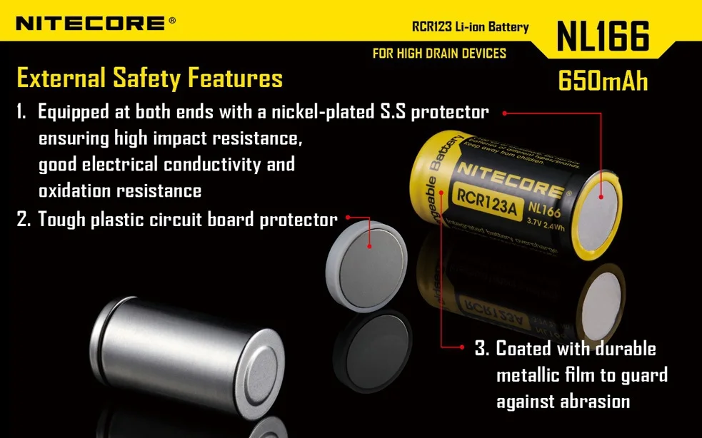 Литий ионный перезаряжаемый аккумулятор NiteCore NL166 RCR123A(16340) 3 7 V 650mAh 3A с защитой