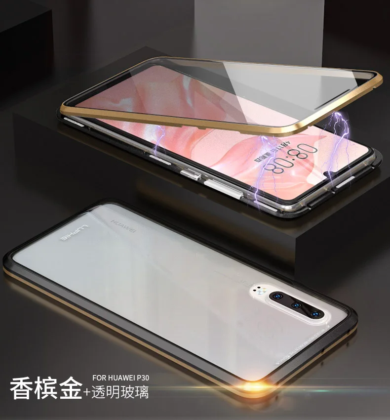 Роскошный защитный Магнитный чехол на весь корпус для huawei P30 Pro чехол 360 прозрачная задняя крышка из закаленного стекла для huawei P30 чехол - Цвет: black gold