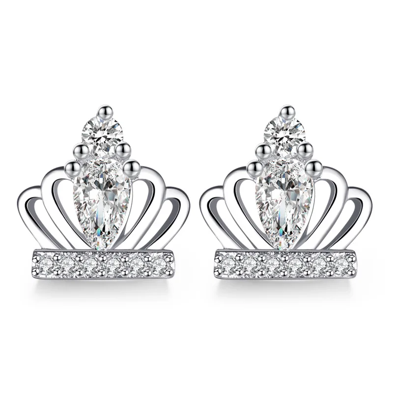 

100% 925 sterling silver fashion crown design shiny crystal ladies'stud earrings wholesale jewelry birthday gift drop shipping