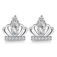 100 925 sterling silver fashion crown design shiny crystal ladiesstud earrings wholesale jewelry birthday gift drop shipping