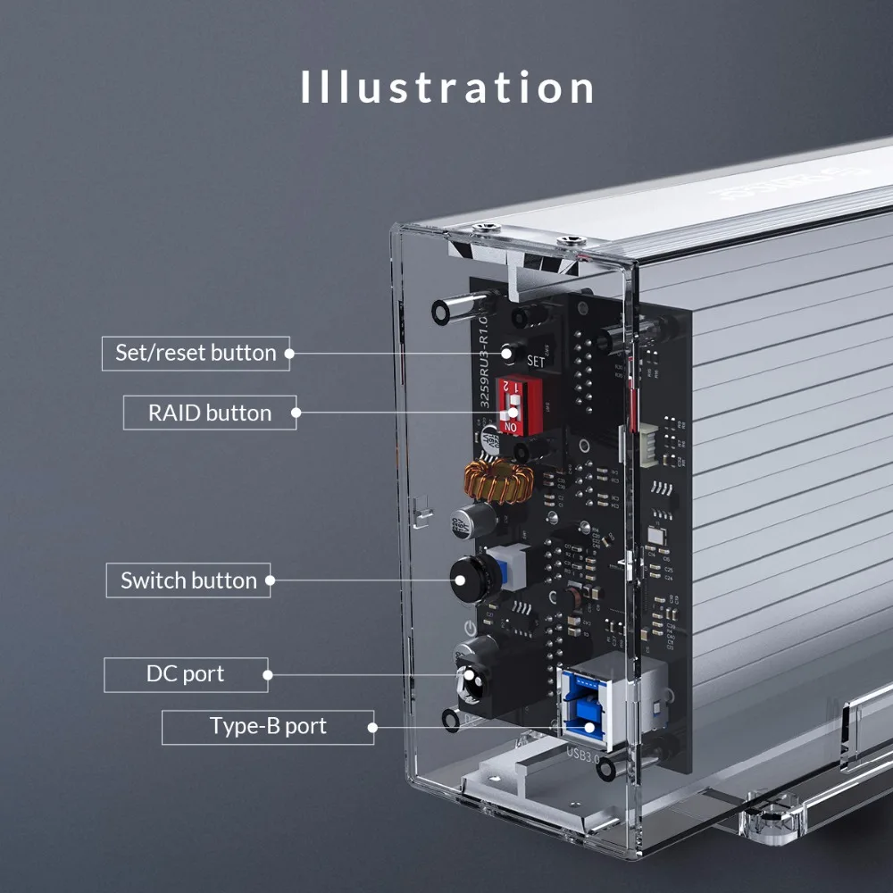 ORICO 3," 2 отсека HDD корпус с RAID 0 1 PM SPAN прозрачный USB3.0 для SATA футляр для внешнего жесткого диска коробка Поддержка 24 ТБ UASP