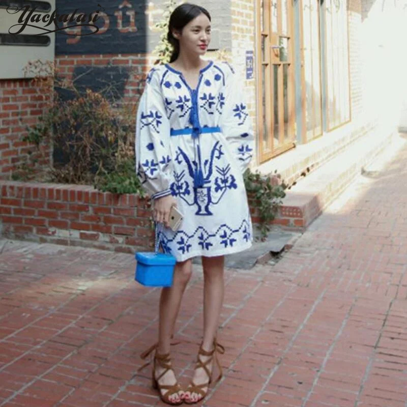 Женское платье с цветочным принтом длинным рукавом и круглым вырезом|dress bohemian|women