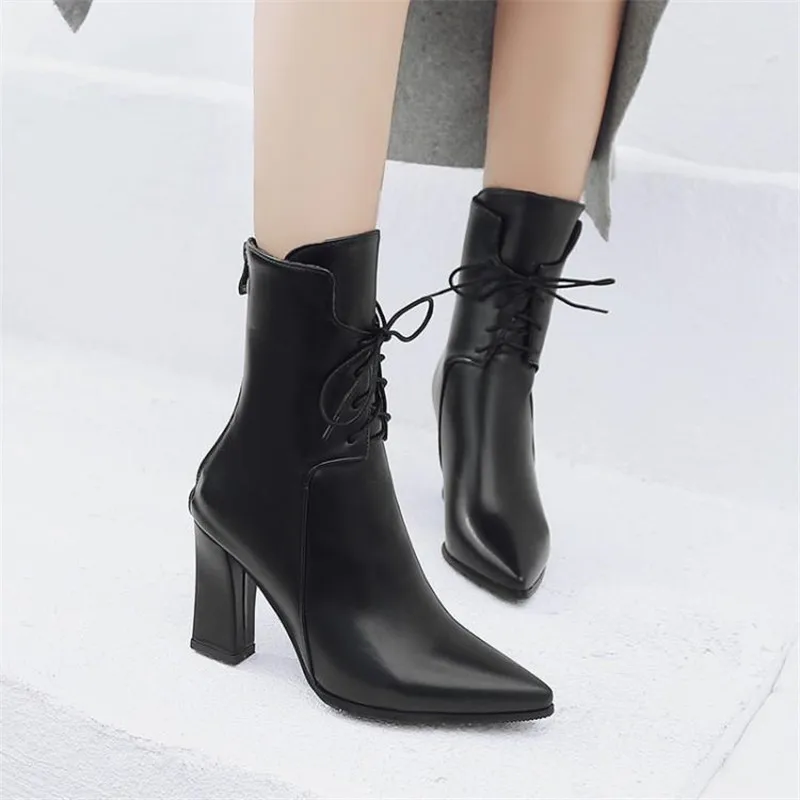Brand Designers 2018 Winter Patent Women Shoes Black High Heels Riding Boots Lacing Platform Ankle Chunky Large Size 32-43 | Обувь