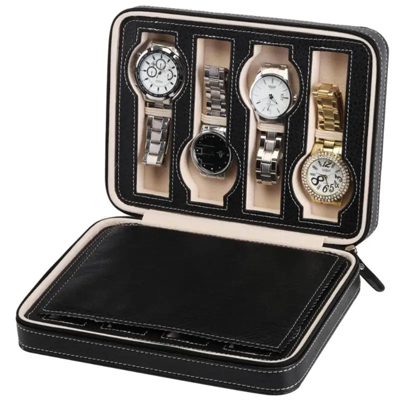 2/4/8 Grids PU Leather Watch Box Watch Organizer Storage Watches Display Case Tray Zippere Travel Jewelry Watch Collector Case