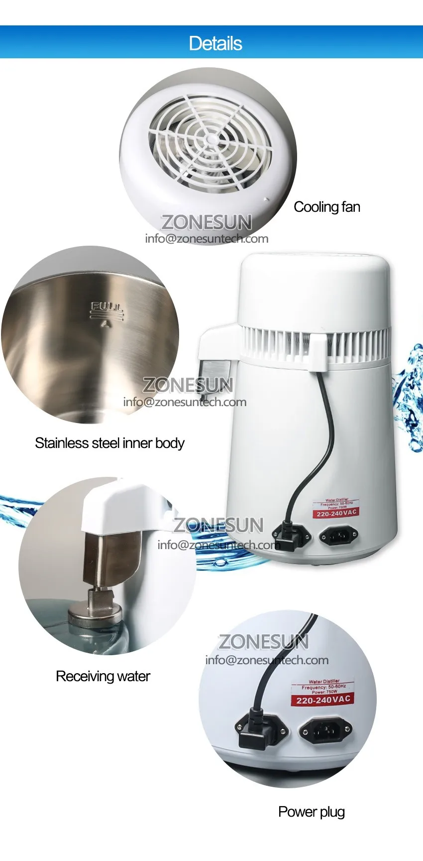 ZONESUN 4L портативный дистиллятор для воды из нержавеющей стали, фильтр для чистой воды, очиститель воды, фильтр для очистки, контейнер