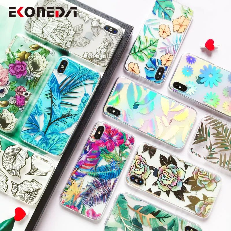 EKONEDA Laser Print Case For iPhone X XS Max XR Floral Leaf Feather 6S 7 8 Plus Silicone Soft Cover |