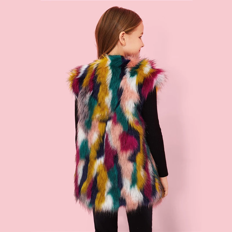 SHEIN/Детская разноцветная Повседневная жилетка из искусственного меха для девочек; детская одежда; коллекция года; зимняя уличная одежда; куртка без рукавов для детей; пальто для девочек