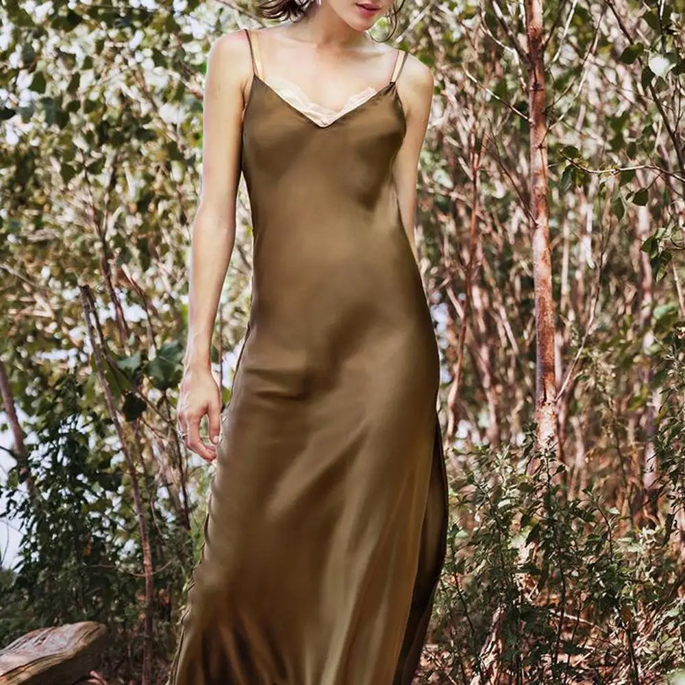 Женское атласное Макси платье Летнее Длинное Платье с v образным вырезом высокой