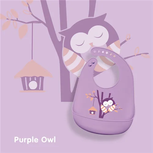purple owl Детские нагрудники, водонепроницаемые Силиконовые Слюнявчики для кормления младенцев, регулируемые Слюнявчики, детские вещи для новорожденных, Мультяшные принты, нагрудник для мальчиков и девочек - Цвет: purple owl