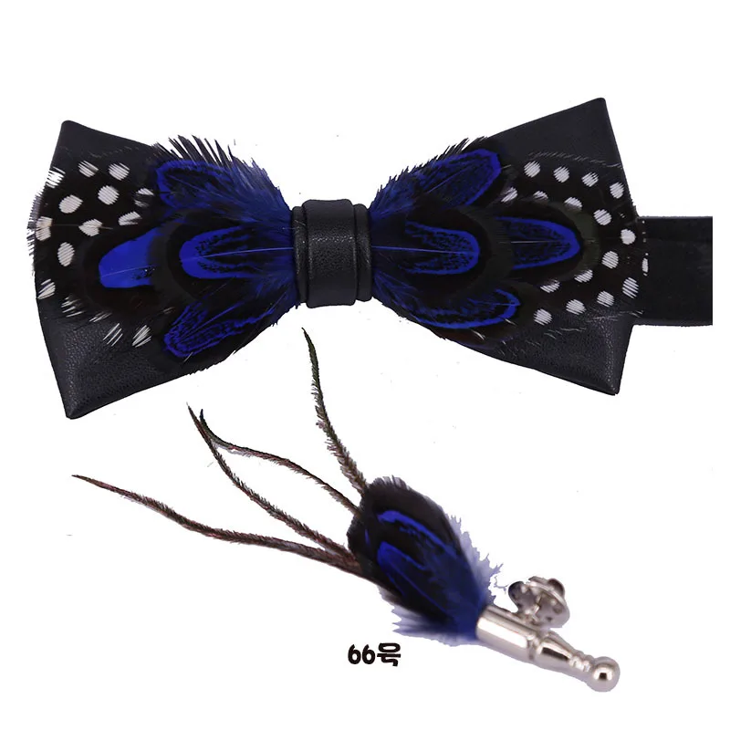 

2 set Fashion Original Handmade Men Leather Natural Bird Blue Feather Exquisite Bow Tie Brooch Bow Tie Set For Wedding Party