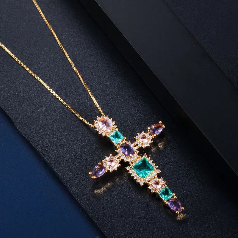 Yellow Gold ThreeGraces трендовые разноцветные кубические циркониевые камни Черное золото крест цветок ювелирные изделия ожерелья подвески для девушки подарок PN001 - Окраска металла: Yellow Gold
