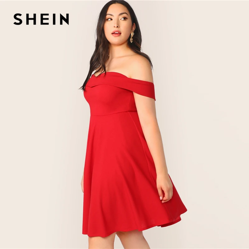 SHEIN, платье трапециевидной формы с открытыми плечами размера плюс,, женское летнее элегантное милое однотонное платье с высокой талией