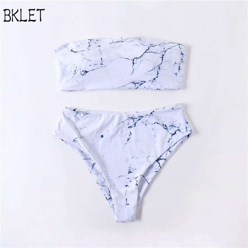 

Marble Pattern Bandeau Bikini Set 2018 New Multicolor Women High Waist Strapless Swimsuit Comfortable Sexy Beach Fitted Bikinis