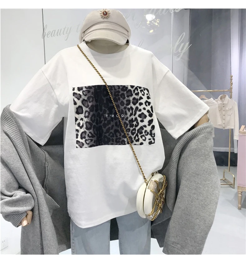 Harajuku, винтажная женская футболка, летняя, дизайн, Леопардовый принт, футболки, Корейская одежда, ulzzang, черная футболка, свободные, белые, топы, футболки