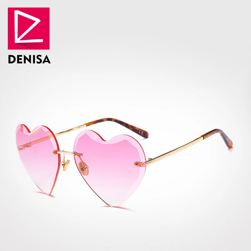 Pink Sunglasses Бренд DENISA, женские солнцезащитные очки без оправы в форме сердца,, модные женские солнцезащитные очки, в форме сердца, яркие очки для девушек, UV400, G22096 - Цвет линз: Pink Sunglasses