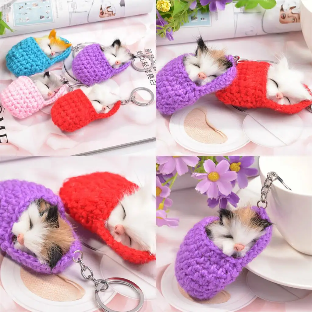 

1pc Handmade Cute Sleeping Cat Pompom Keychains Fluffy Bag Accessories For Women Girls Woven