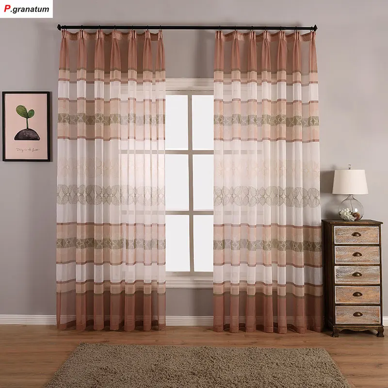 

One Panels Brown Tulle Curtains For Living Room Window Decoration Southeast Asia Style Geometric Printed Sheer Voile Curtains