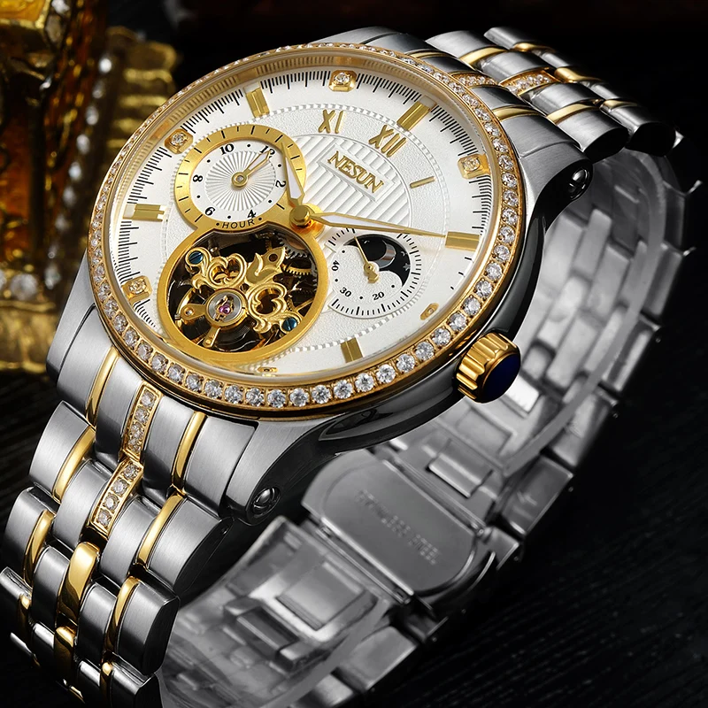 

Luxury Brand Switzerland NESUN Skeleton Diamond Watch Men Automatic Self-Wind Men's Watches 100M Waterproof clock N9093-2