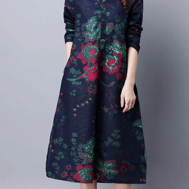 Женское Хлопковое платье с длинным рукавом свободное винтажное в стиле ретро