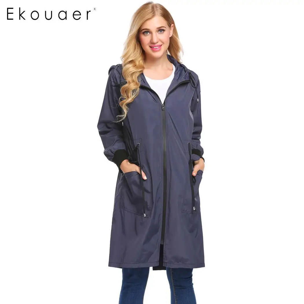 navy blue Ekouaer Женская длинная куртка с капюшоном с длинным рукавом легкая водонепроницаемая дождевая куртка, дождевик Женская модная верхняя одежда - Цвет: navy blue