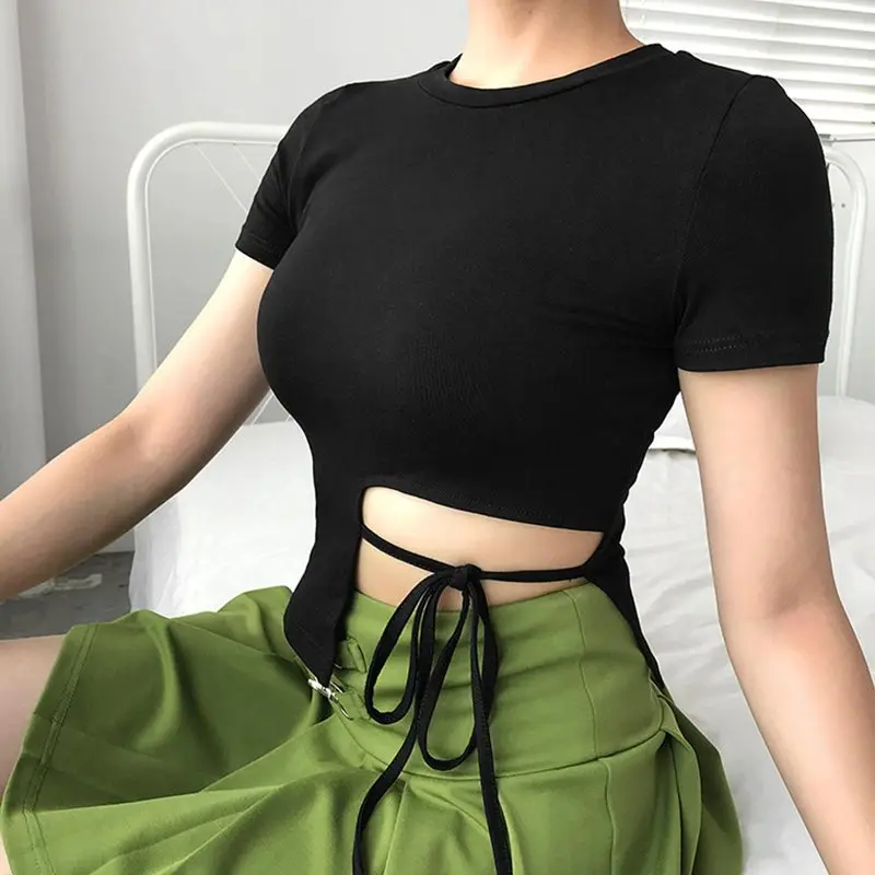 Сексуальный укороченный топ Женская Черная Футболка тонкая модная кружевная