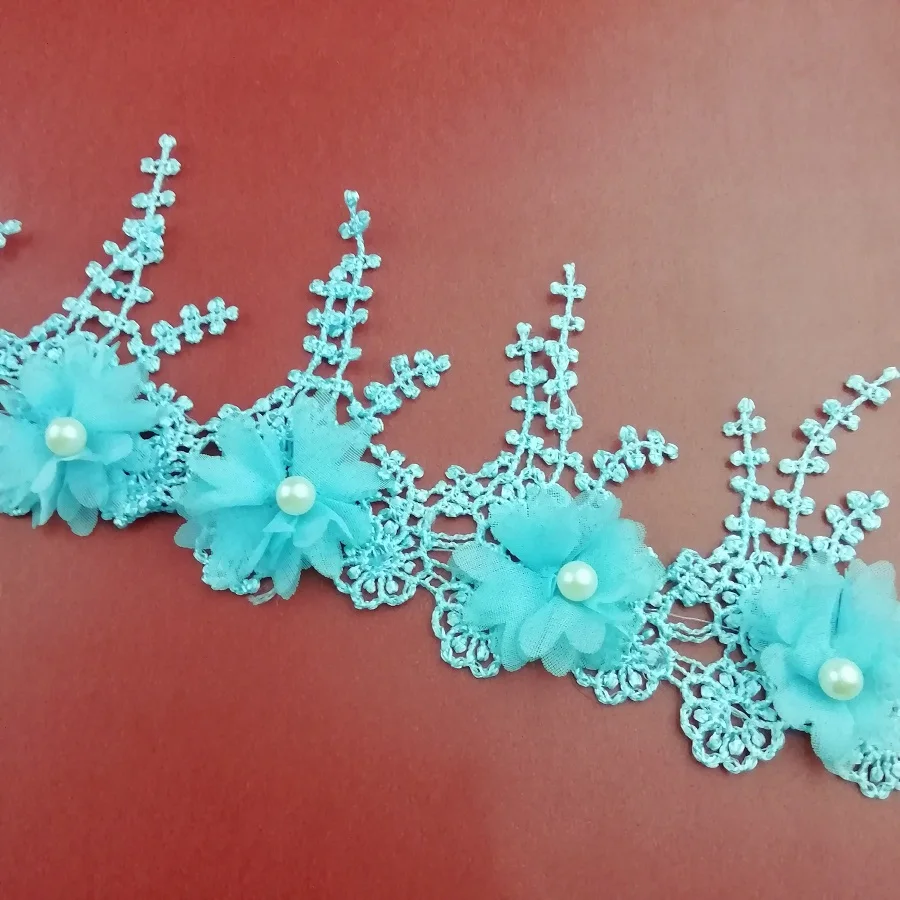 1 Yard Sky Blue Tassel Flowers Pearl Lace Edge Trimmings Ribbons Beaded Fabric Embroidered Sewing Wedding Dress Clothes | Дом и сад