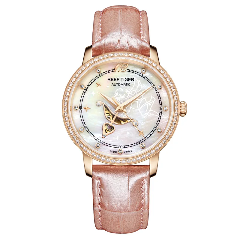 Reef Tiger/RT дизайнерские модные женские часы Reloj Mujer MOP Dial бриллианты Автоматическая телячья кожа водонепроницаемые часы RGA1550 - Цвет: 1