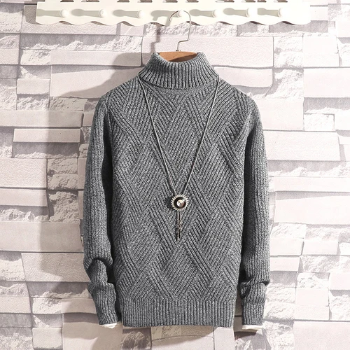 Light Grey Зимний мужской свитер в британском стиле с высоким воротником, мужской хлопковый свитер, молодежная одноцветная рубашка с высоким воротником - Color: Light Grey