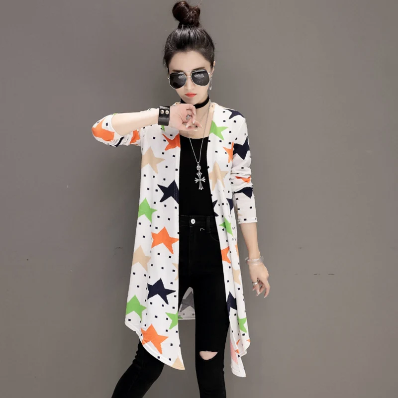 2018 Модные трикотажные длинные кардиганы Для женщин Свободные печати с длинным