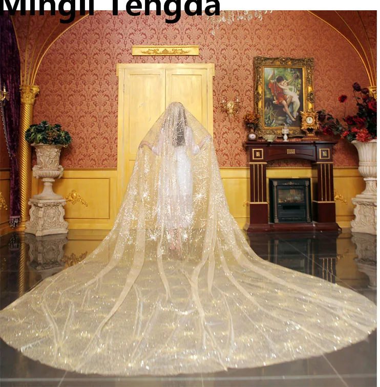 Mingli Tengda же вибрато вуаль Винтаж Champagne Gold мигает свадебные туфли Роскошные вуаль Bling звезд собор Veil