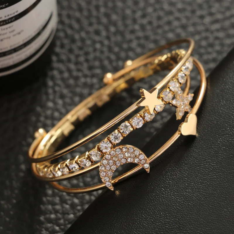 HOCOLE 4pcs/set Moon Star Heart Charm Cuff Bracelets&amp Bangles Gold Silver Color Micro Paved Crystal Bracelet Sets For Women - купить по