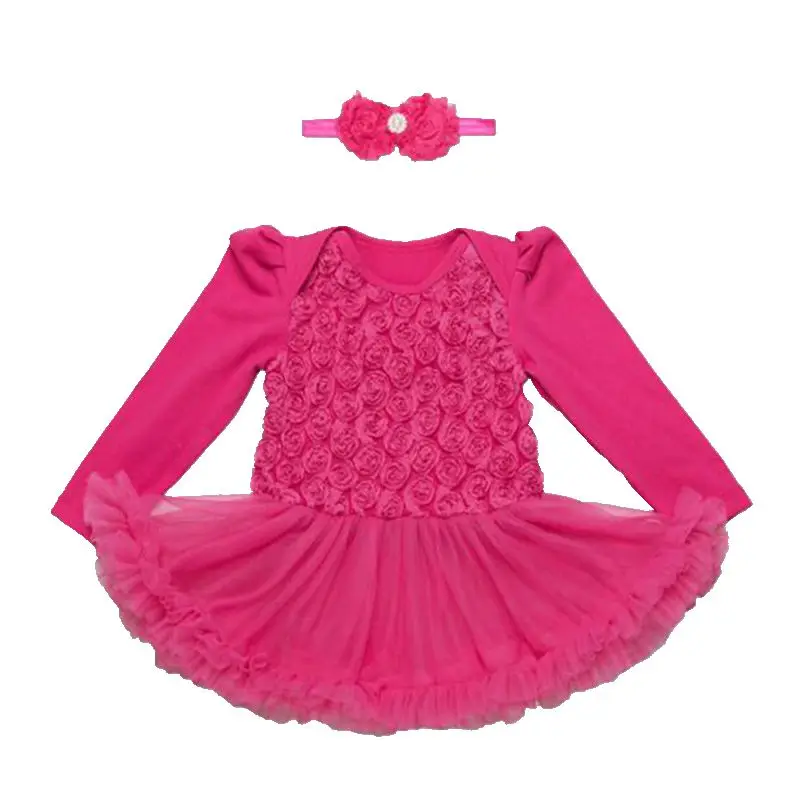 Розовый Платье для маленьких девочек розы Кружево малыша Комбинезоны малышек