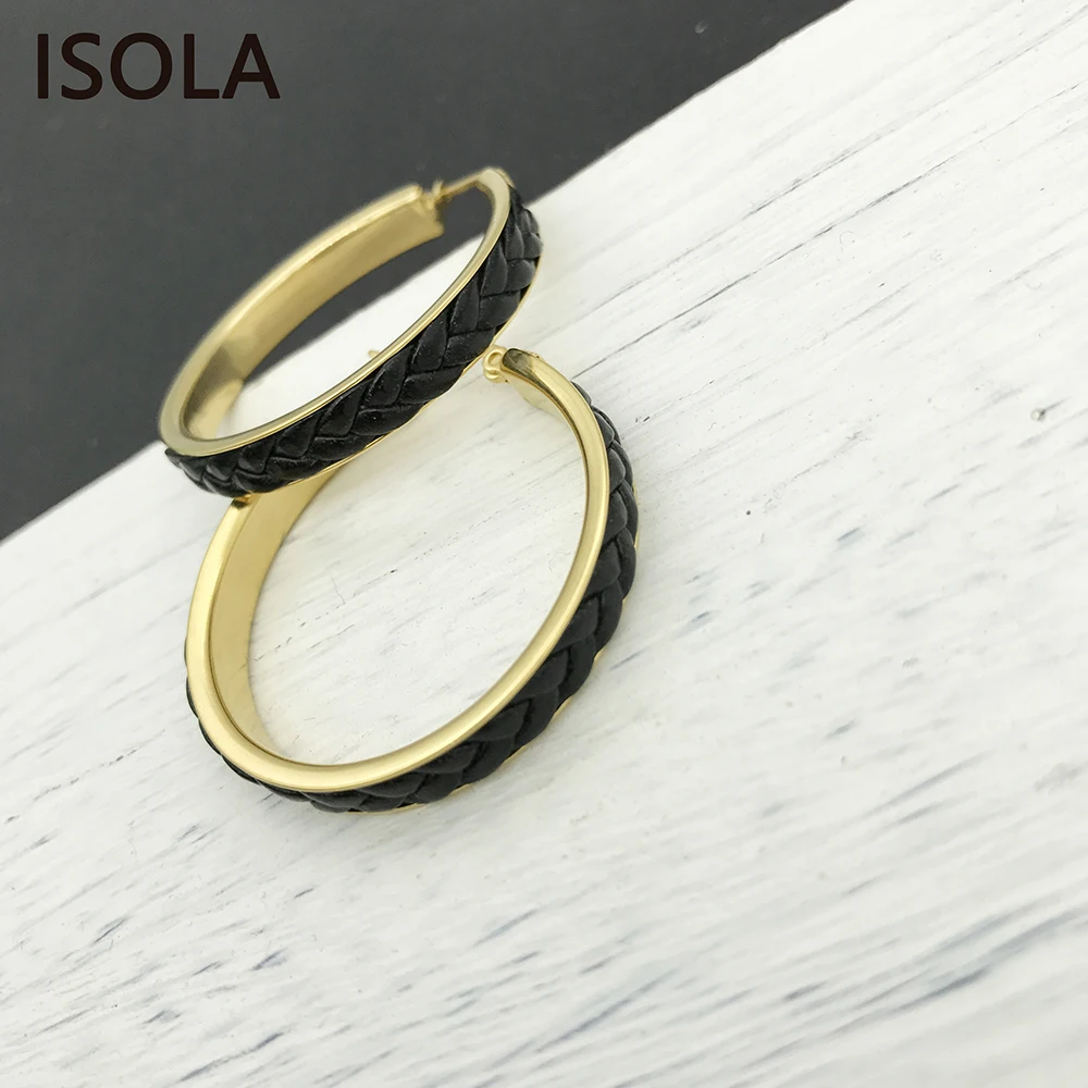 ISOLA, высокое качество, натуральная кожа на поверхности, круг из титановой стали, классические креольские серьги, круглая форма, серьги-кольца
