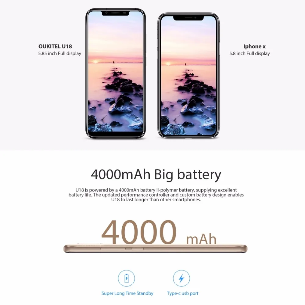OUKITEL U18 5 85 &quot21:9 полный экран Face ID Смартфон Android 7 0 MT6750T Octa Core 4 Гб 64 13MP Двойная камера