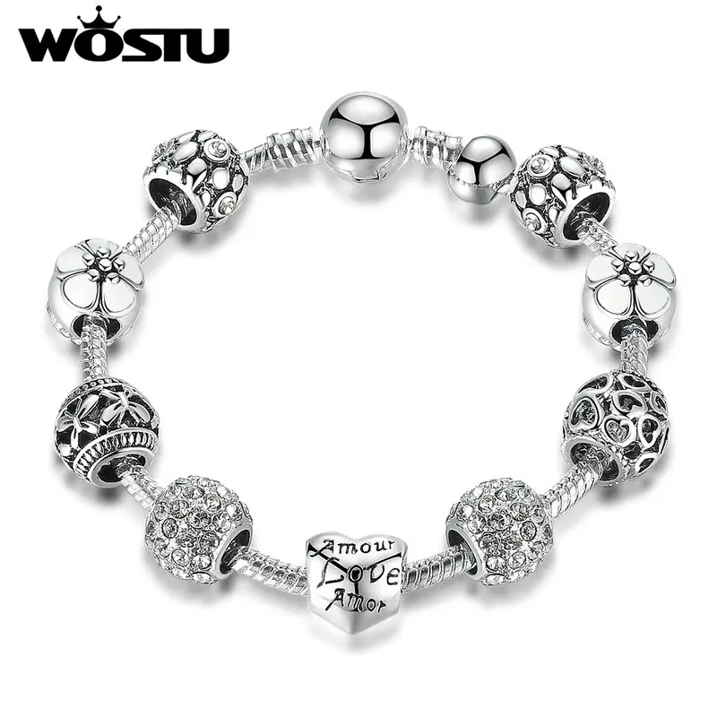 Распродажа серебряный браслет с бусинами в виде сердца и цветка|charm bracelet|bead charm