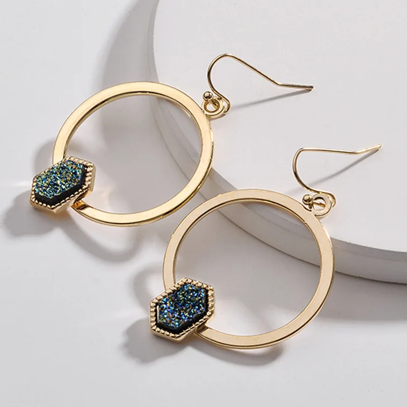 Шестиугольник смолы Druzy Drusy серьги имитация кристалла Камень круглые круги