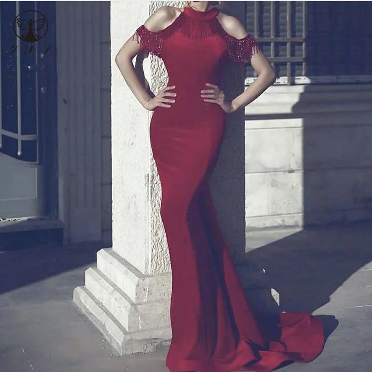

New Arrival High Collar Beaded Short Sleeve Sweep Train Burgundy Mermaid Prom Dresses 2019